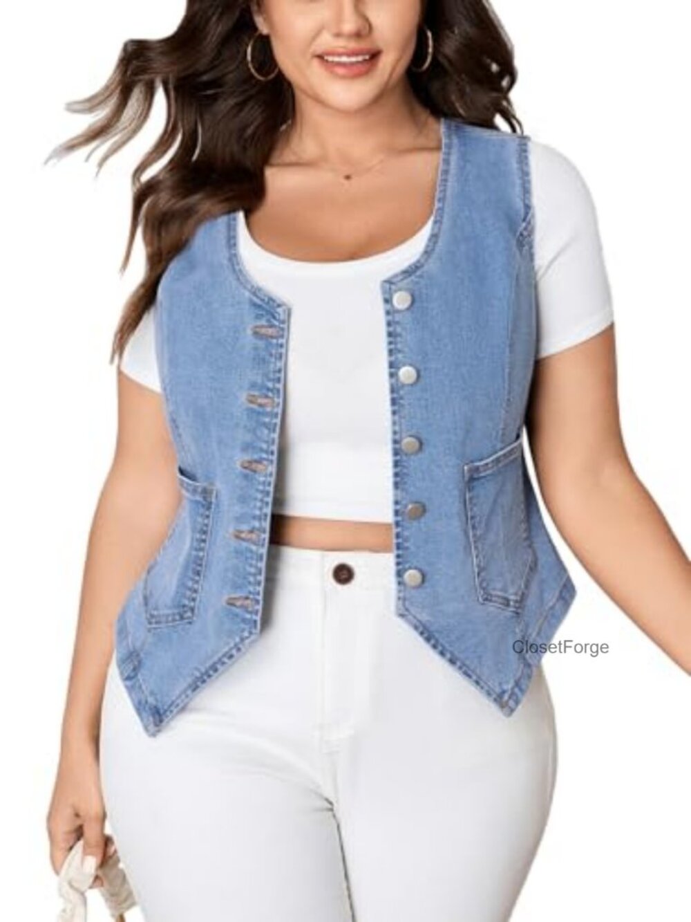Plus Size Denim Vest Sleeveless V Neck Button Down Cropped Waistcoat Jean Top